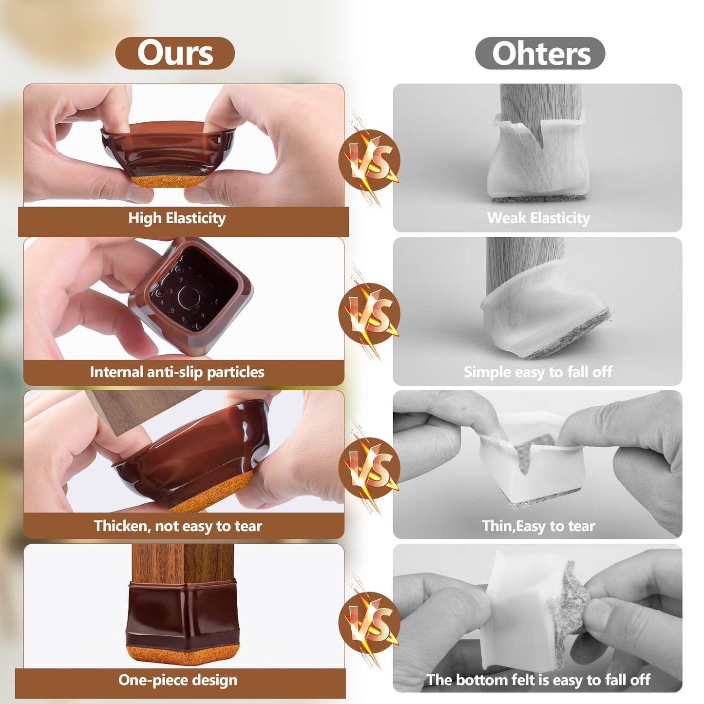 28Pcs Square Chair Leg Floor Protectors with Wrapped Felt Bottom, Silicone Chair Leg Protectors for Hardwood Floors, Chair Legs Cover Prevents Scratches & Reduce Noise (Brown L Fit 1.14"-1.42")