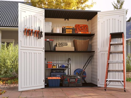 EHHLY Vertical Resin Storage Shed, 60 Cuft Garden Tool Sheds & Outdoor Storage, Plastic Outdoor Storage Cabinet Waterproof, 4.5 x 2.3 ft Backyard Outside Lawn Mower Storage Shed, White