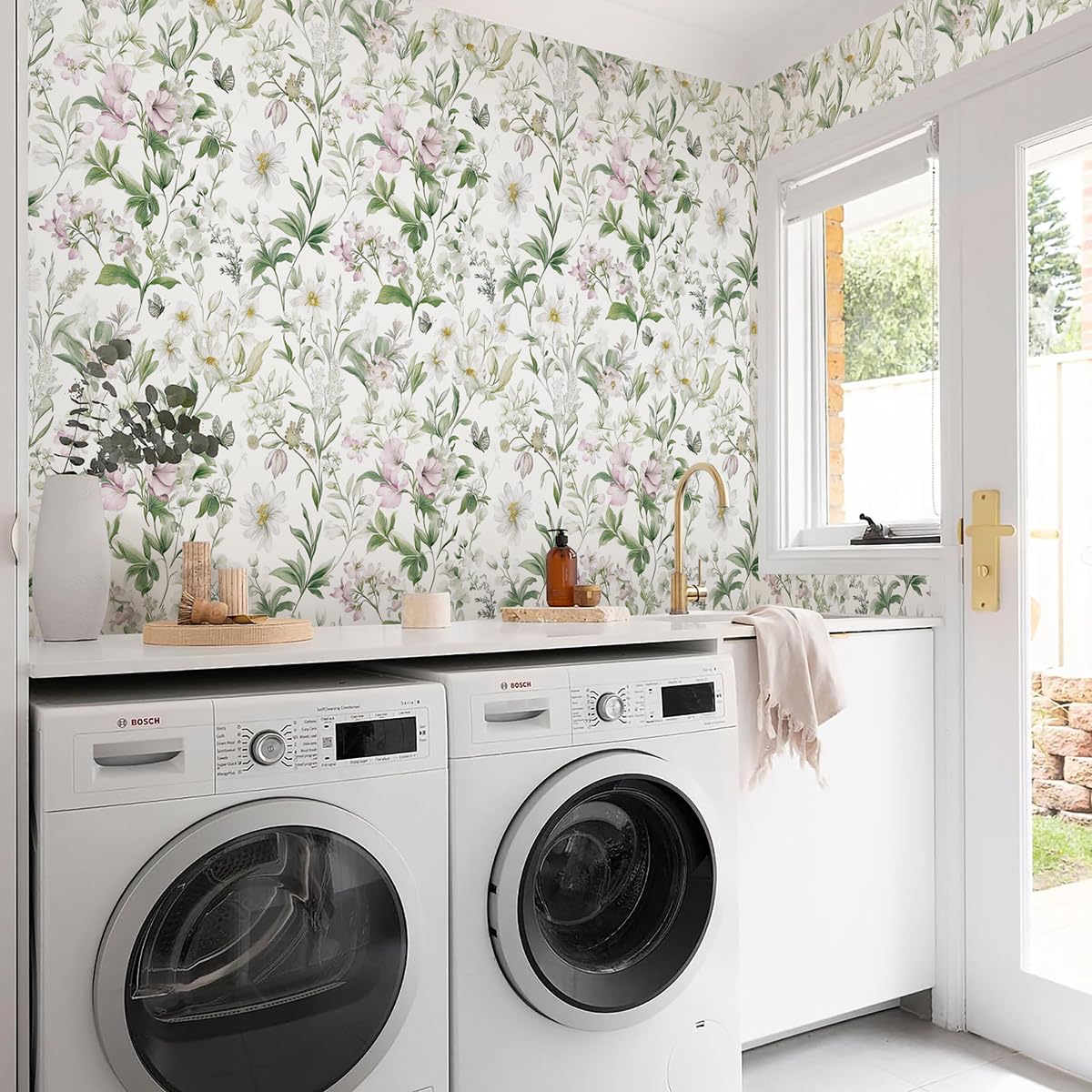 Livebor Floral Peel and Stick Wallpaper Floral Boho Contact Paper 16.9" x 118.1" Green Leaf Flower Wallpaper Peel and Stick Butterfly Botanical Self Adhesive Wall Paper for Bathroom Cabinets Vinyl