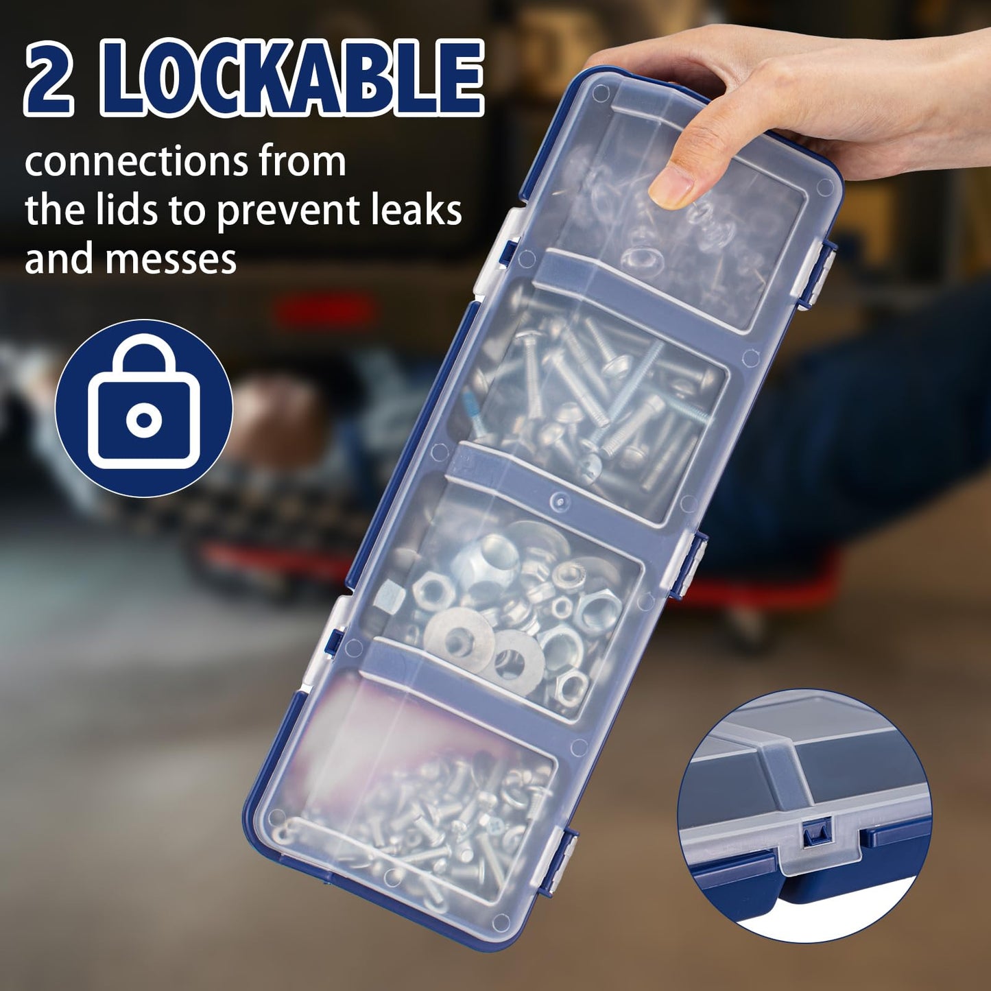 Hushee 6 Pcs Screw Organizer Box with Lid 4 Compartments Small Parts Organizer Plastic Stackable Nut and Bolt Hardware Storage Tool Bin Divider Sorting Screw Box for Workbench Garage (Blue)