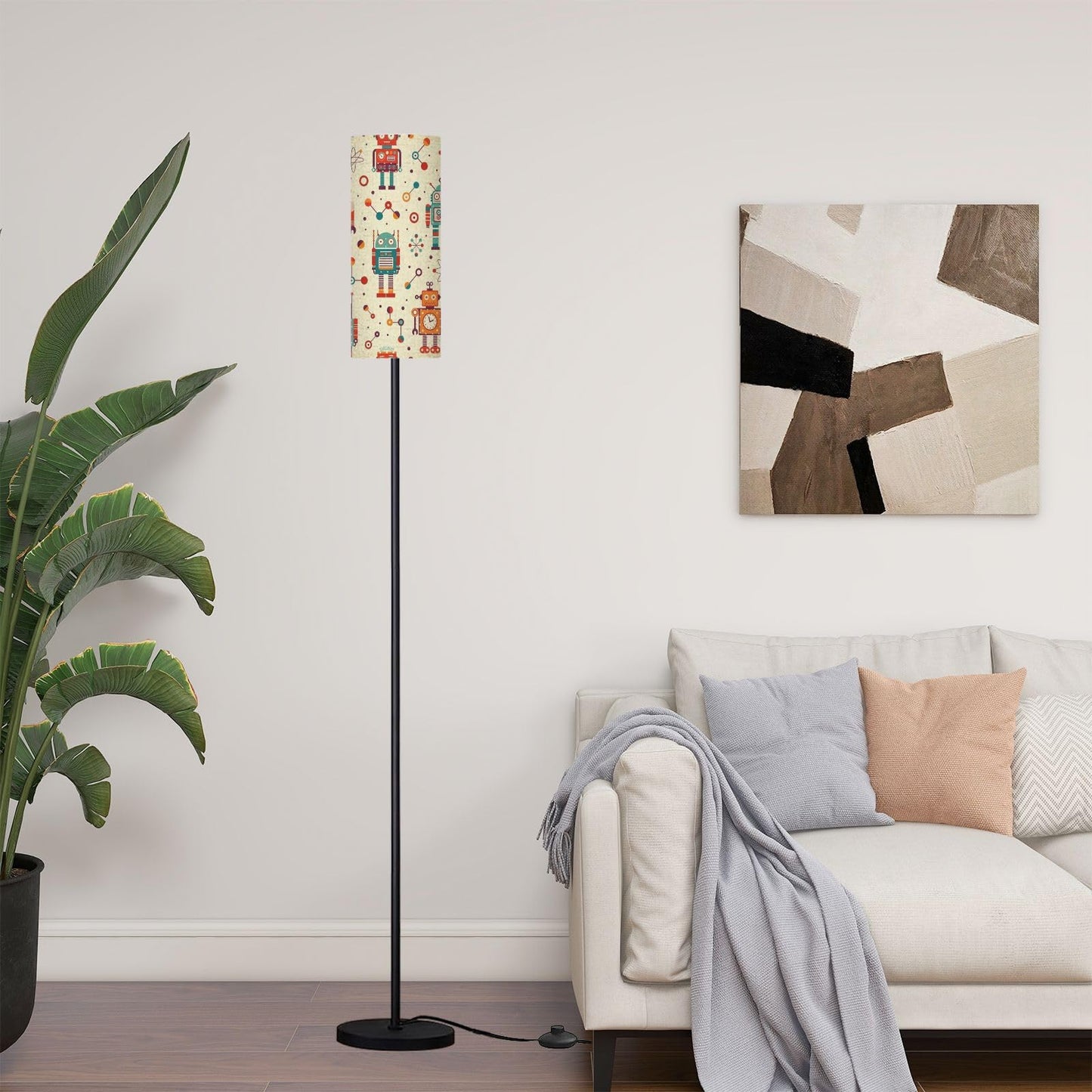 Modern Standing Lamps Vintage robots retro tin toys pattern Classic old school mechanical Floor Lamp Metal Pole Lamp with Linen Lampshade for Bedroom Living Room Office Nursery Reading Foot Switch