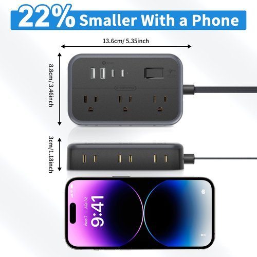 NTONPOWER Surge Protector Power Strip with 6 Outlets 4 USB Charging Station(2 USB C Port), 5 Ft Flat Extension Cord, Outlet Extender for Indoor, Home, Office Supplies, Dorm Room Essentials, Black