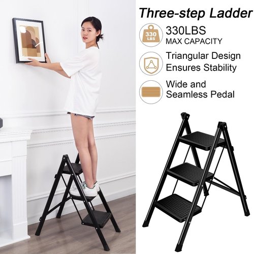 RRXIMHTT 3 Step Ladder Folding with Anti-Slip Pedal & Triangular Support, 330 LBS Capacity Heavy Duty Carbon Steel Ladder, Rust-Proof Lightweight Step Stool for Home Kitchen Office Garage (Black) Bla