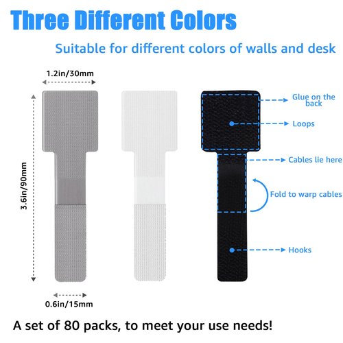 80PCS Hook and Loop Cable Ties, Hook and Loop Cable Straps, Under Desk Cable Management, Adhesive Cable Clips, Sticky-Back Cord Organizer for Desk, Household & Office Organization (White)