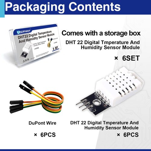 6 Set Digital Temperature and Humidity Sensor Module Compatible with DHT22/AM2302, 3.3V-5V with Dupont Wires Humidity Measure Range 0%-100% (±2%) Temperature Measure Range -40-80℃ (±0.5℃) Celsius