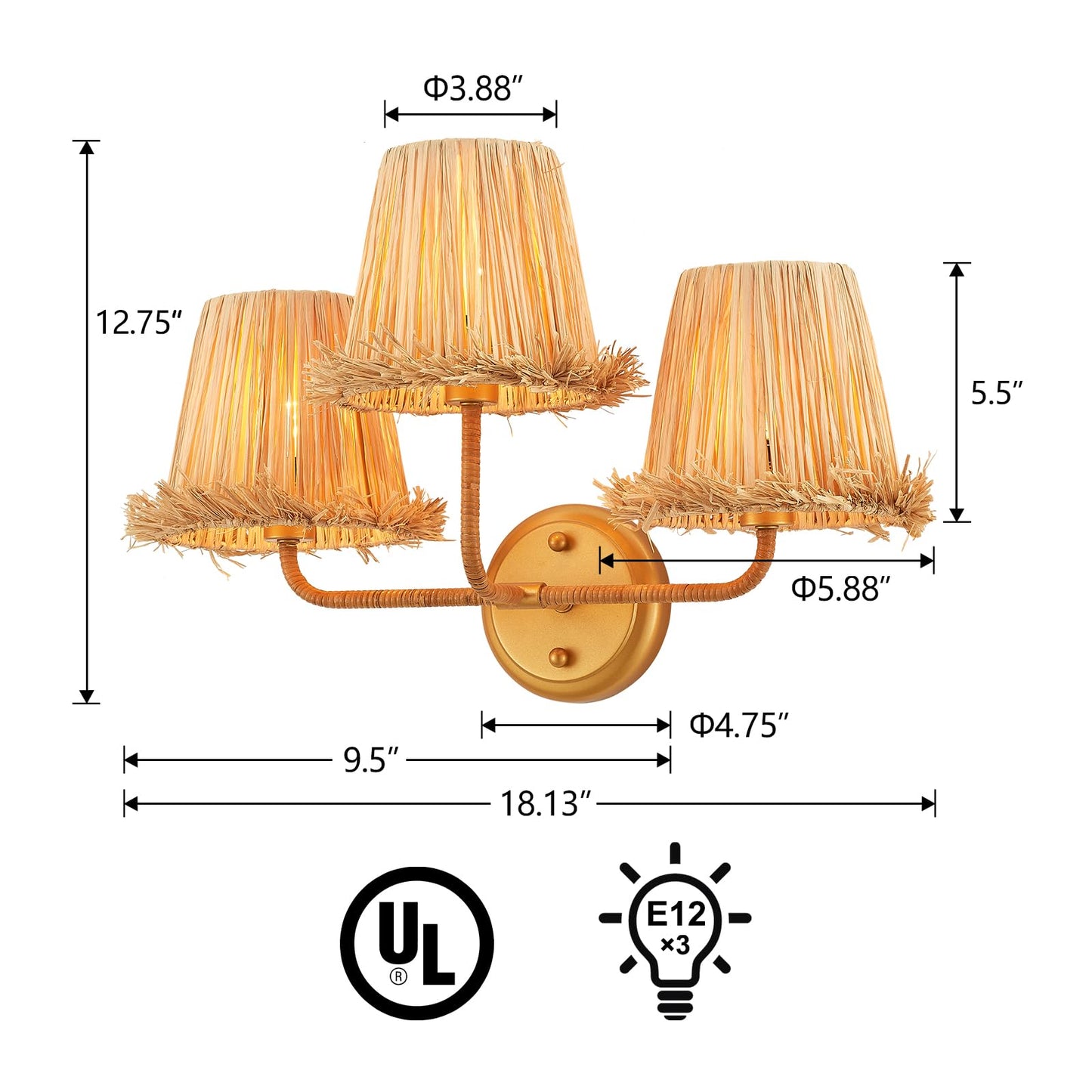 MhyTogn Boho Hand Woven Rattan Wall Sconces 3-Lights Wall Lamp Coastal Brass Wall Lights for Hallway Vanity Bedside Doorway, UL Listed