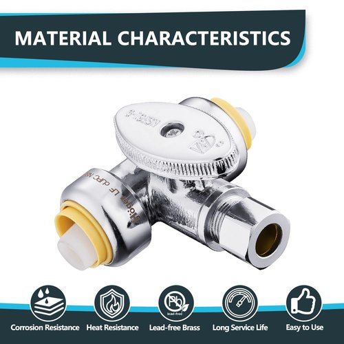(Pack of 2) Seelink 1/4 Turn Stop Tee Compression Stop Valve, 1/2" Push Fit x 1/2" Push Fit x 3/8 Inch OD Compression, Chrome Plated Brass