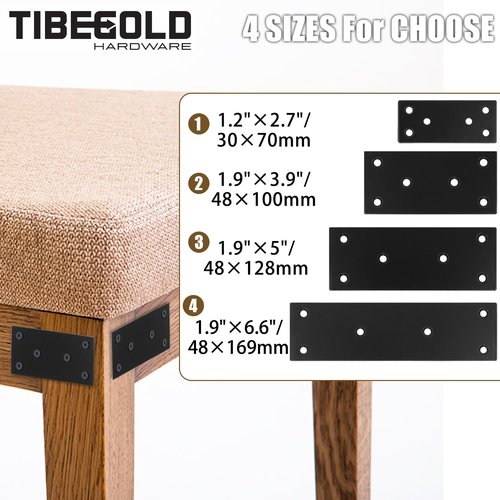 TIBEGOLD Mending Plate, Black Metal Flat Straight Brace Bracket, Double-Wide Metal Plate, Joining Plate for Wood Furniture Fence Fastening with Screws in 2 Different Lengths (30x70mm, 10 Pack)