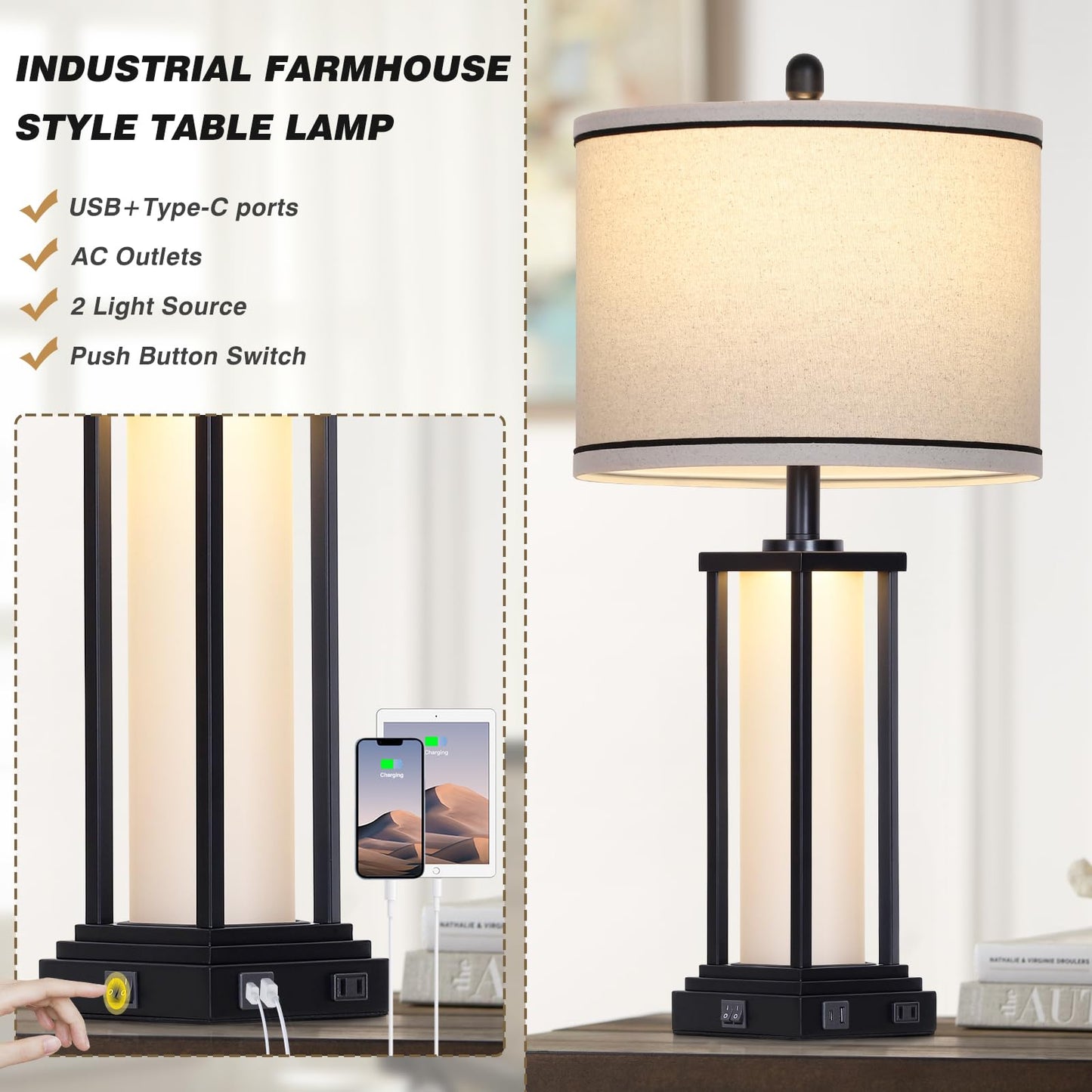 Cinkeda 27" Tall Vintage Table Lamp with USB C+A & Outlet,Black Industrial End Table Lamp for Living Room,Farmhouse Rustic Bedside Lamp with Frosted Glass Night Light for Bedroom Nightstand,Black-1P