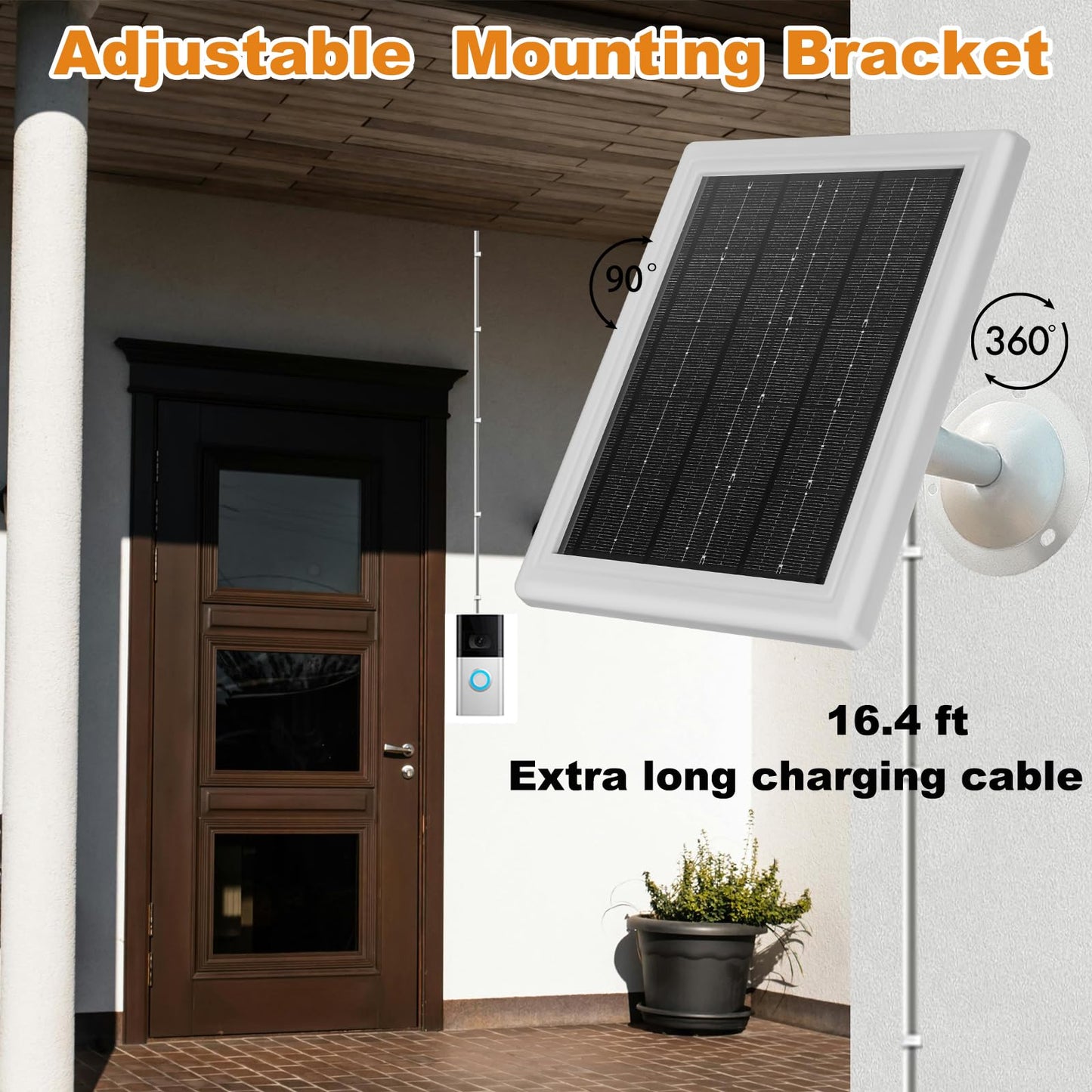 Ring Doorbell Solar Charger,12VAC Compatible with Ring Video Doorbell 3/3+/4, Battery Video Doorbell Pro, 16.4ft Waterproof Charging Cable, 360°Adjustable Mount -Update