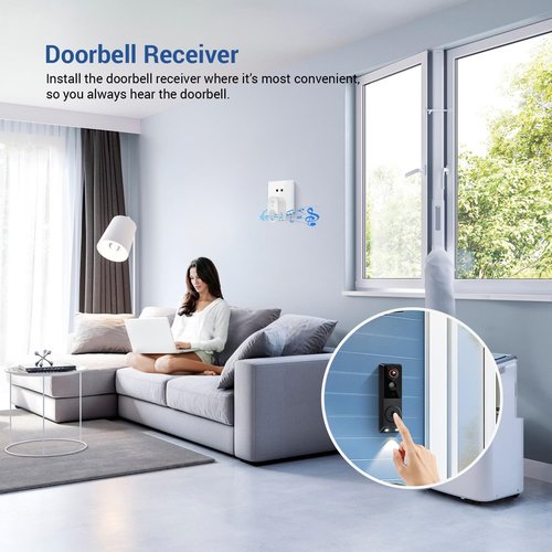 PyreQuad Video Doorbell Camera, 1080p, 2-Way Audio, Night Vision, AI Human Detection, Cloud Storage, Battery Powered, 2.4G Wi-Fi, Doorbell Receiver