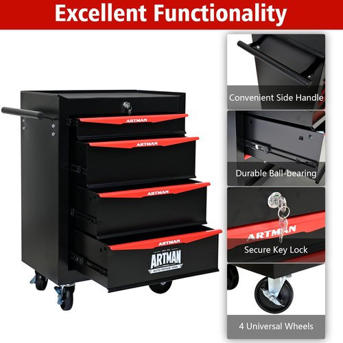 4 Drawers Tool Box With Wheels,Multifunctional Rolling Tool Box Tool Cart For Storage Garage, Workshop, Warehouse & Repair Shop (Black+Red(4 Drawer)