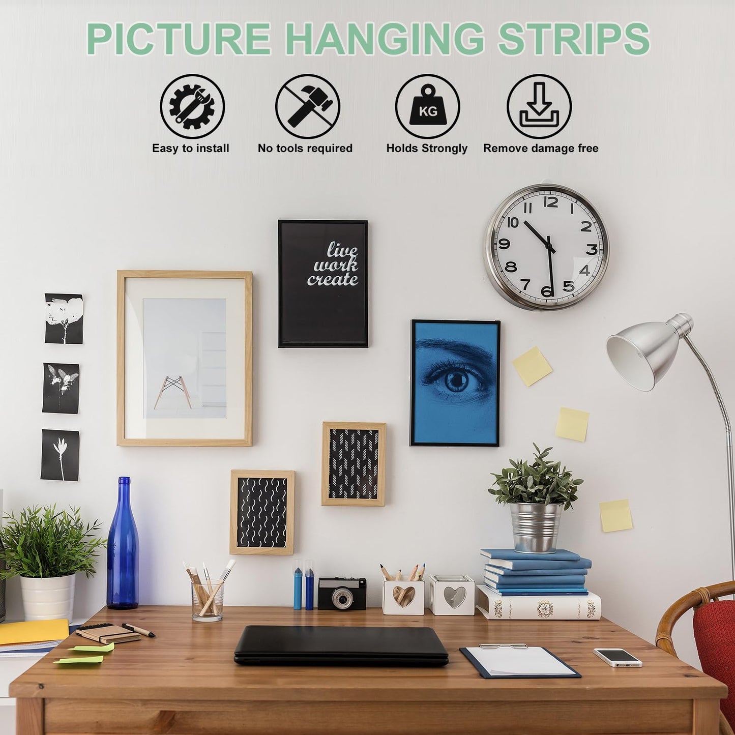 Picture Hanging Strips Kit Heavy Duty, 3 Size No Nails Adhesive Poster Strips for Frame Mounting Hooks, Damage Free Hanging Poster Hangers for Wall Decoration, Classroom, Renter Friendly, White 96 PCS