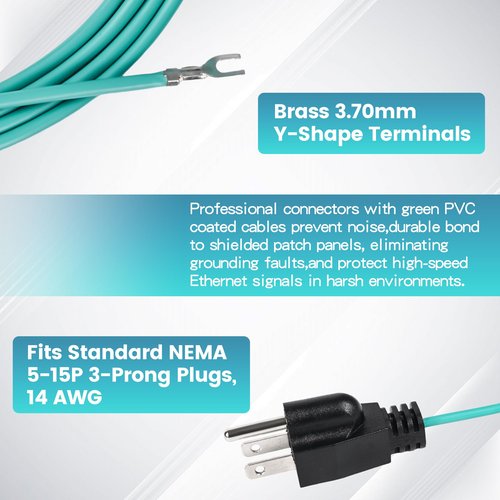 Zookpr Shielded Ethernet Patch Panel Bond Ground Extension Cord Neutral Grounding Bonding Plug Cable NEMA 5-15P 3 Prong Plug (6.6FT)