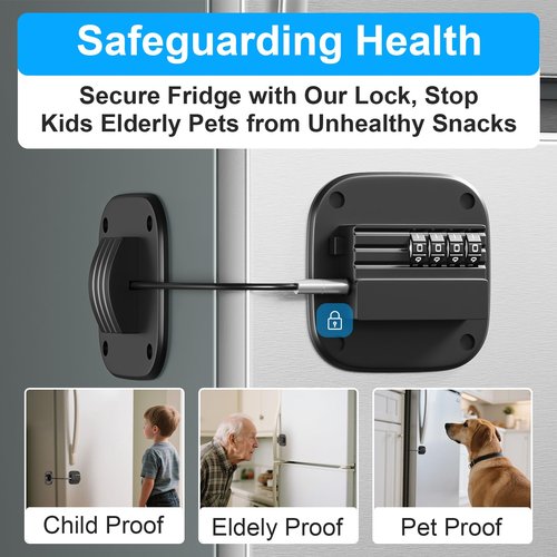 Fridge Lock with Combination, No Key Required, Upgrade Refrigerator Lock with Adhesive and Screws, Freezer Cabinet Pantry Drawer Latch to Keep Door Closed, for Kids Adults Cats & Dogs, Black