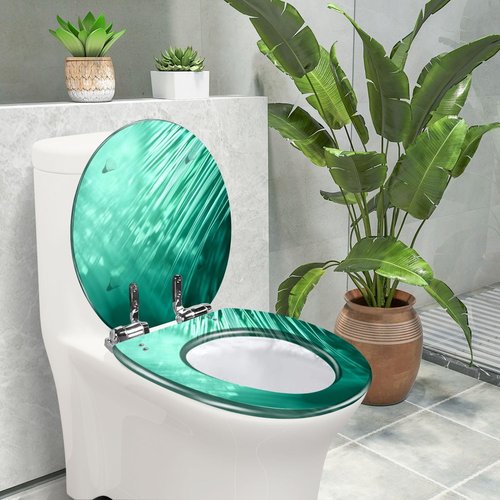 Round Toilet Seat teal Palm Tree Leaf Turquoise Pastel Light Blue Mint Green Ombre Quiet Close Strong Stainless Steel Hinges Resin Toilet Seat Easy to Install Easy to Clean