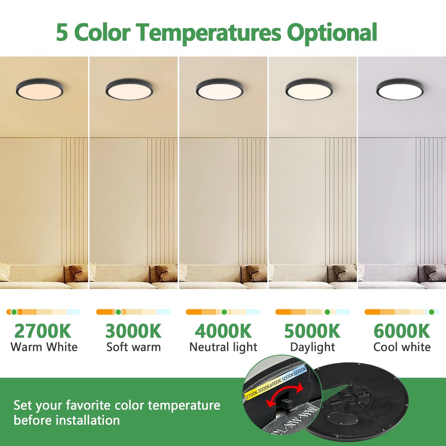 6PK 12 Inch Dimmable LED Flush Mount Ceiling Light,24W, 2520LM, 2700K/3000K/4000K/5000K/6000K CCT Selectable, Round Flat Panel Light Low Profile Ceiling Lamp for Bedroom/Kitchen/Living Room, Black