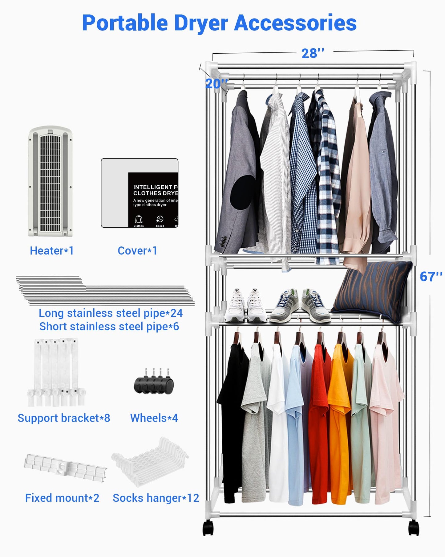 KASYDoFF Portable Clothes Dryer, 110V -1600W Portable Dryer for Apartment, 67Inch -3 Tier Foldable Clothes Dryers Rack, Energy Saving Portable Dryer for Indoor, Travel, RV