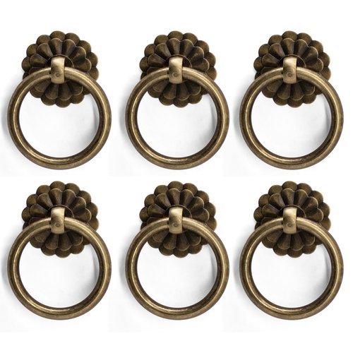 FIRSORCA 6Pcs Antique Bronze Ring Pulls Vintage Circle Pulls with Flower Deco Knobs Handles for Drawer Cabinet Closet Cupboard