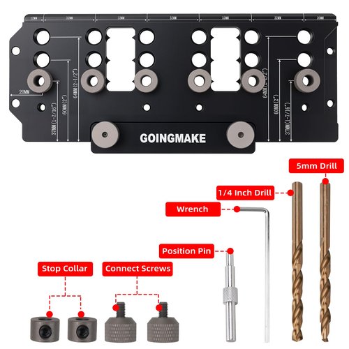 GOINGMAKE Shelf Pin Jig 1/4" and 5mm, Spliceable All Metal Cabinet Hardware Shelf Pin Drilling Jig, Woodworking Drill Guide for Straight Holes for Wobble-Free Shelves