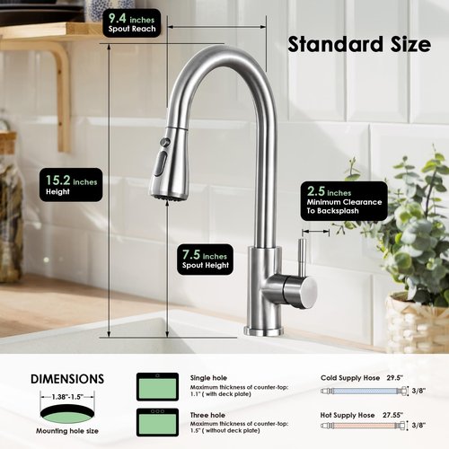 Jlerli Kitchen Faucet with Pull Down Sprayer, High Arc Brushed Nickel Single Handle Kitchen Sink Faucet, Stainless Steel, 3 Mode(Stream/Spray/Pause), 360° Swivel, Grifos para Fregaderos de Cocina