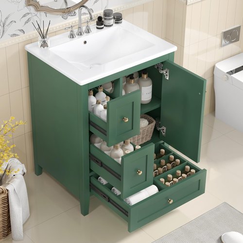 Polibi 24in Bathroom Vanity with Ceramic Sink,Bathroom Cabinet with Two Drawers,Adjustable Shelf and Removable Dividers Drawer,MDF & Rubberwood, Compact Storage for Small Bathrooms (Dark Green)