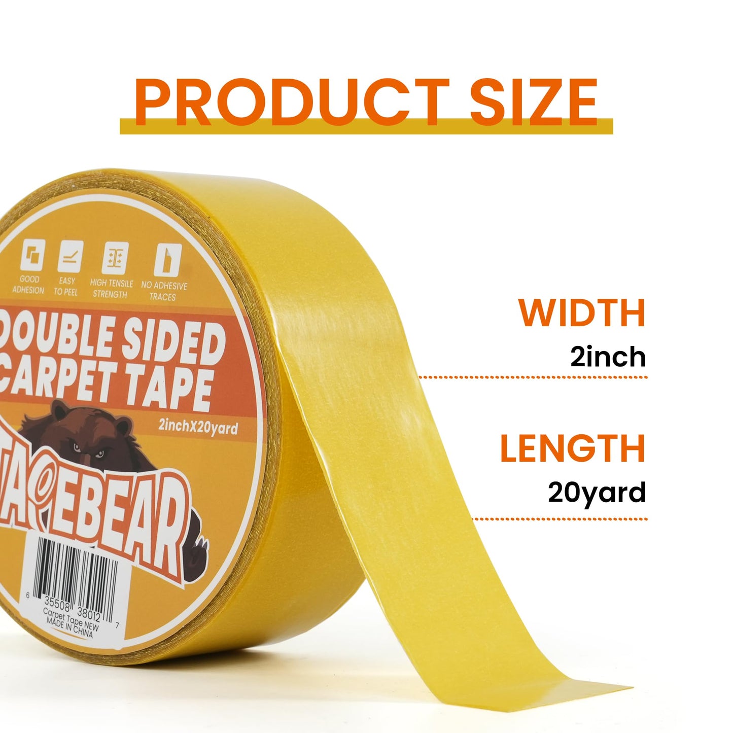 TAPEBEAR Double Sided Carpet Tape 2Inch x 20Yards, Heavy Duty Rug Tape Residue-Free Carpet Gripper for Area Rugs, Wood, Floor, Multipurpose Gripper Non Slip Tape