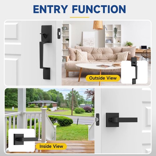 RAFECIEE Black Front Door Handle No Lock, Modern Exterior Door Handle with Passage Lever, Reversible for Left & Right Hand Door, Front Door Handleset