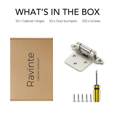 Ravinte 50 Pack 25 Pairs 1/2 Inch Overlay Cabinet Door Hinges Kitchen Satin Nickel Semi-Concealed Face Mount Self-Closing Cabinet Hinges with Bumpers & Screwdriver