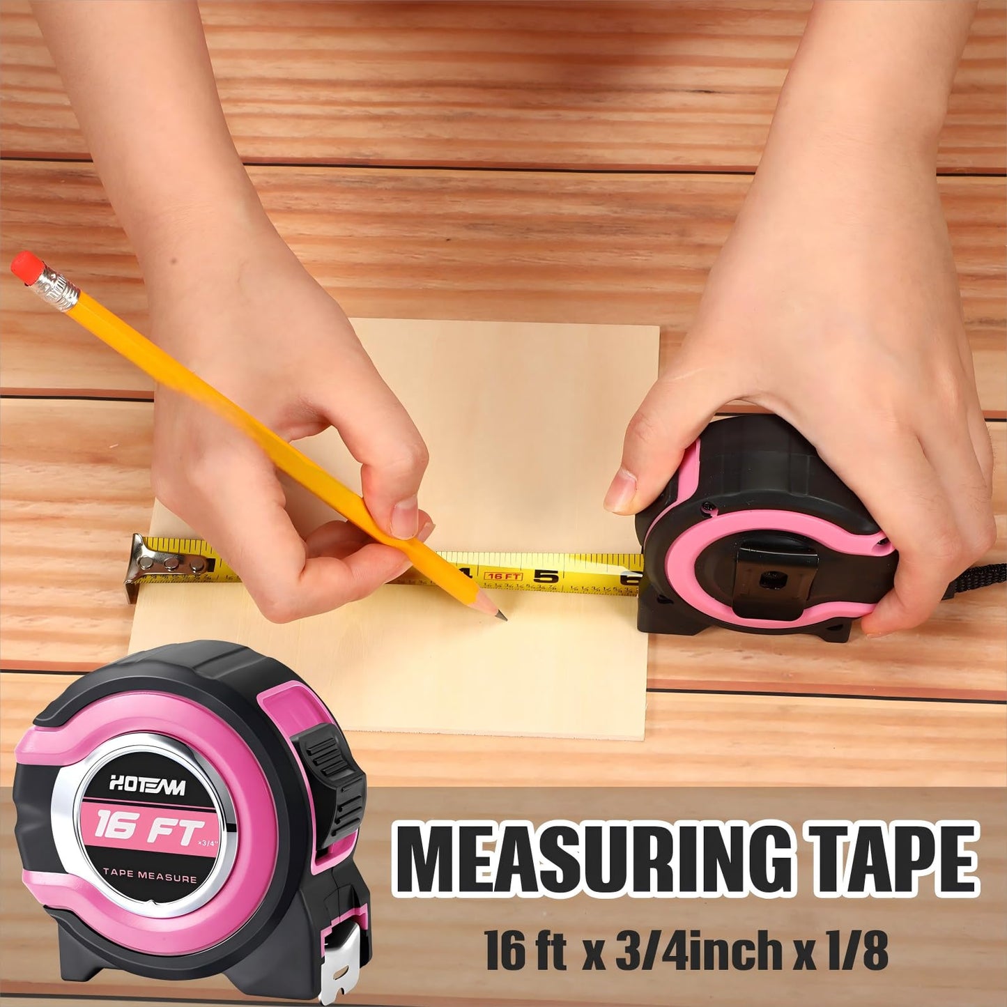 Hoteam 2 Pcs Pink Tape Measure Retractable with 1/8 Fractions Lightweight Pink Measuring Tape Accuracy 1/32 with Magnetic Hook Lock Button Easy to Read Measurement Tools(16 ft)