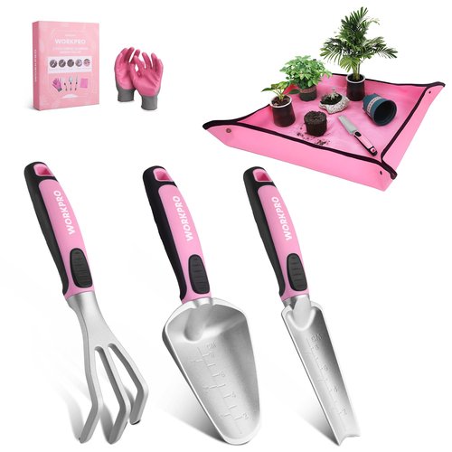 WORKPRO 5PCS Garden Tool Set, Powder Coating Compact Aluminum Gardening Tool Set with Repotting Mat, Outdoor Garden Hand Tools, Ideal Gardening Gift, Pink