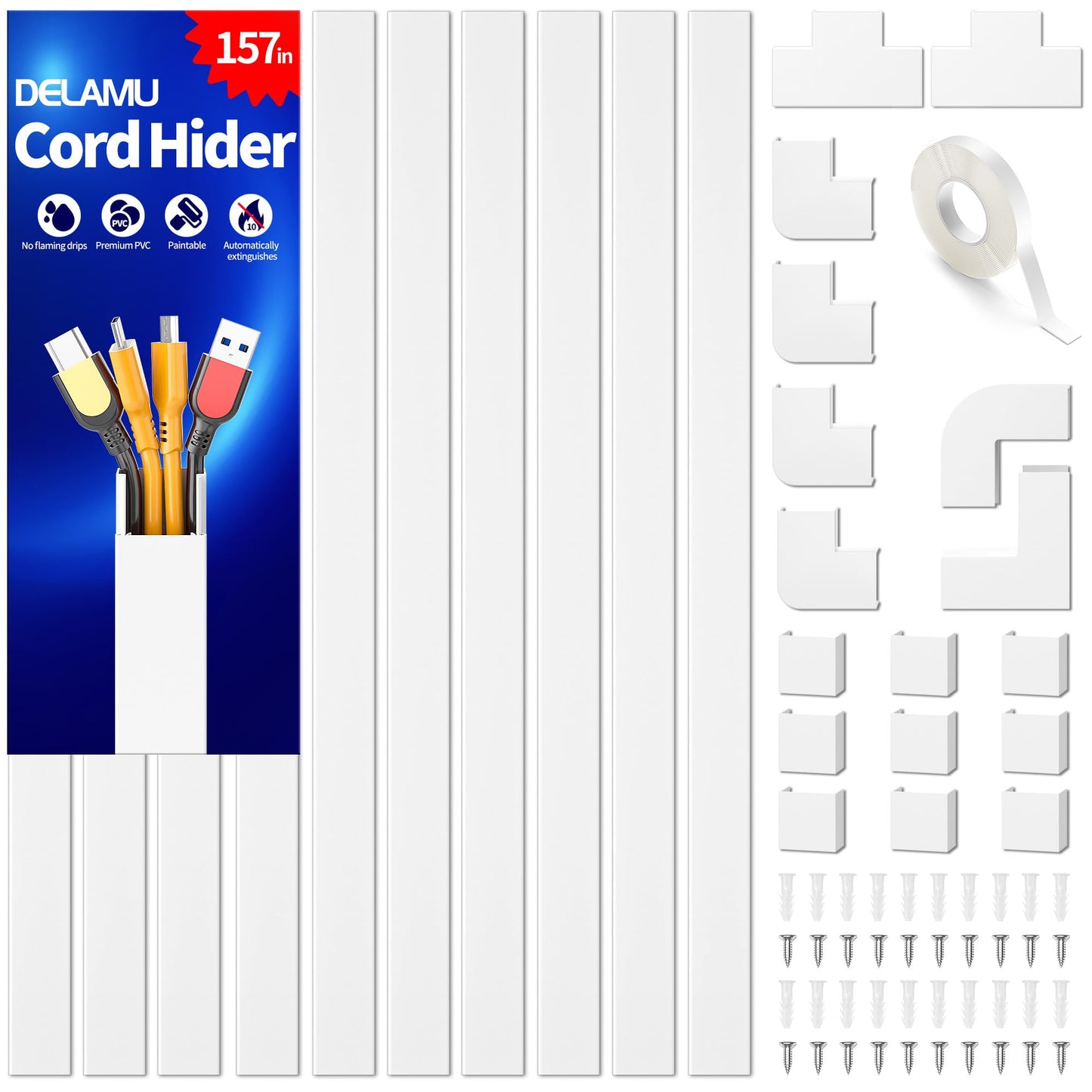 Delamu 157in Cord Hider Wall, TV Cable Hider Cord Covers for Wires on Wall, Large Cable Management Raceway, Paintable Wire Hiders Wire Covers for Cords for TV on Walls, 10 X L15.7 W1.18 H0.6in, White