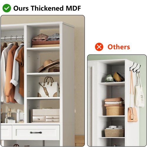 Closet System with 2 Drawers, 55” Wood Closets Organizer and Storage with 2 Hanging Rods, Walk-In Closets System, Clothes Rack with 10 Shelves, White Closet Shelves System Large Wardrobe for Bedroom