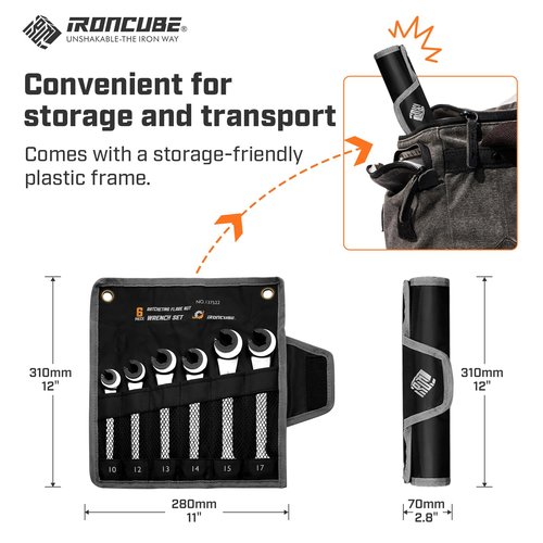 ironcube Brake Line Wrench Set: Metric 10-17mm - Ratcheting Open-end for Nuts on Fuel, Brake or Air Conditioning Lines