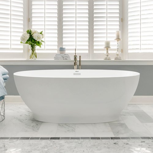 FerdY Koh Samui 65" Acrylic Freestanding Bathtub, Oval Contemporary Soaking Bathtub, Glossy White, cUPC Certified, Toe-Tap Chrome Drain & Overflow Assembly Included