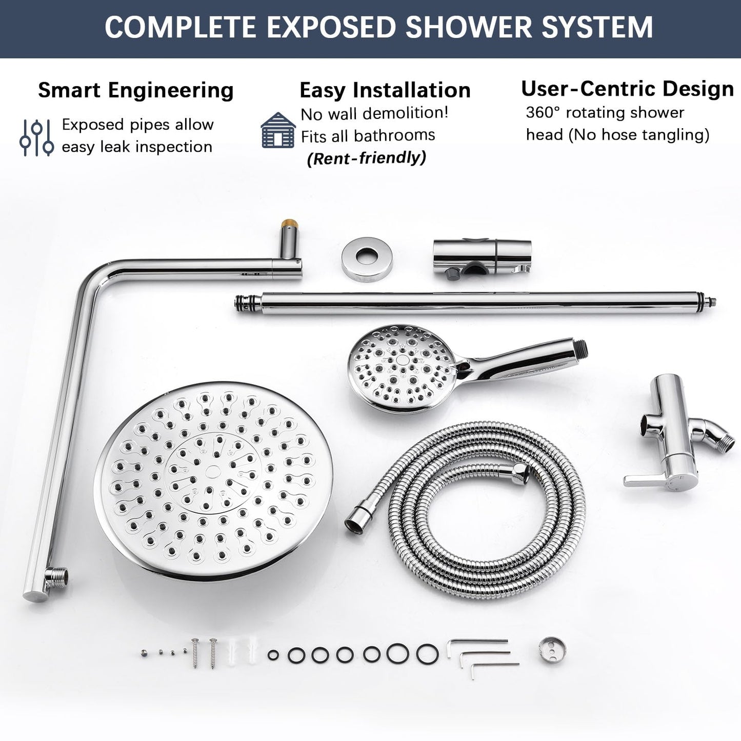 SonTiy 9" Shower Head with Handheld Spray, Rain Shower Heads System, 5 Spray Mode Handheld, Modern Shower System with Easy Reach Diverter, 72'' Hose and Height Adjustable Holder, Chrome