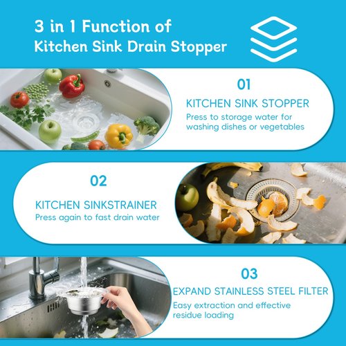 3 in 1 Kitchen Sink Drain Strainer, Upgraded Pop Up Kitchen Sink Stopper with Enlarged 304 Stainless Steel Anti-Clogging Food Catcher Basket Strainer, Fit US Standard 3-1/2'' Kitchen Sink Drain Hole