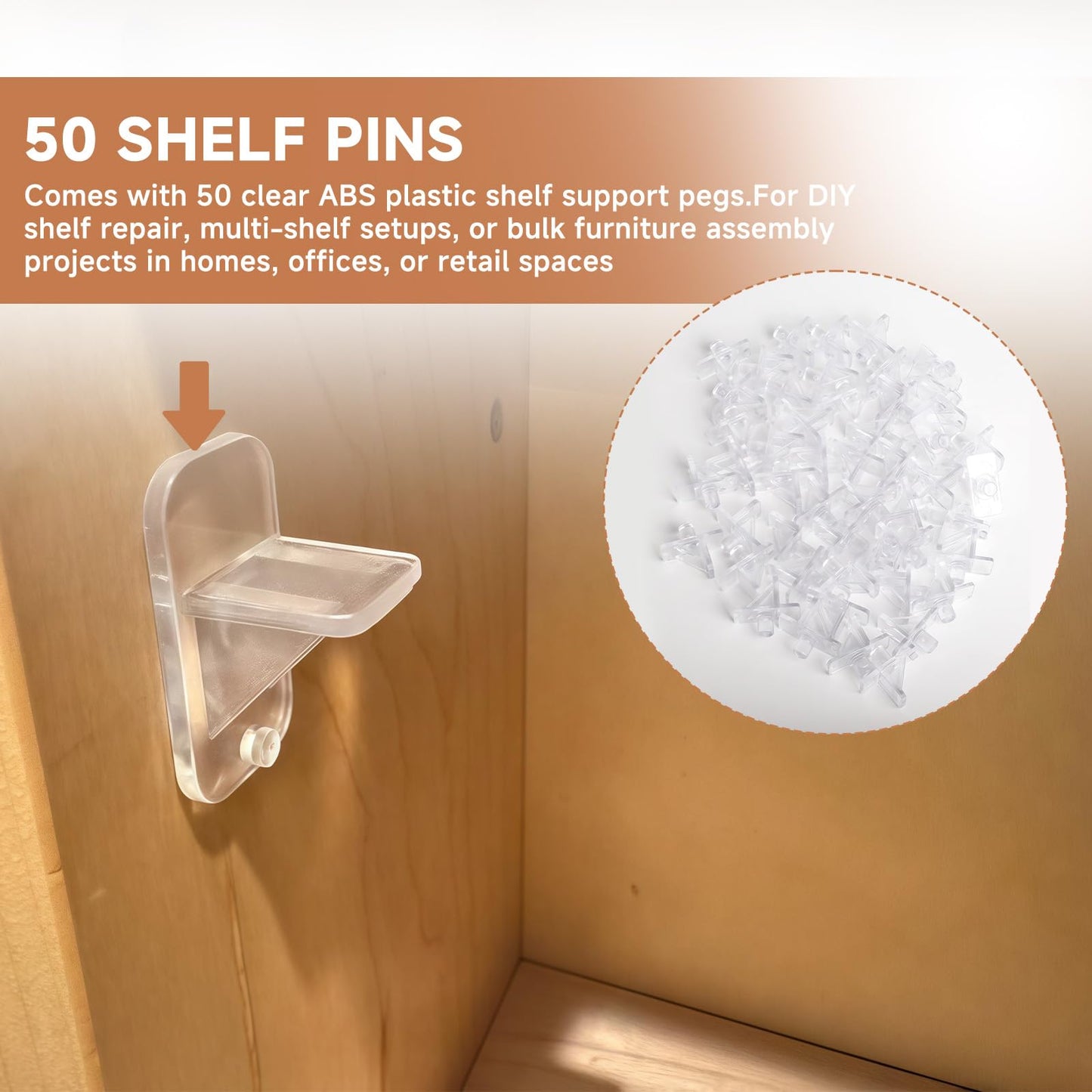 Cutetool (50 Pack) U10136 Shelf Support Pegs 1/4 Inch, Clear Plastic Cabinet Shelf Holders, L-Shaped Support Pins for Bookcase, Cabinet, Furniture 6.35mm Shelf Holes