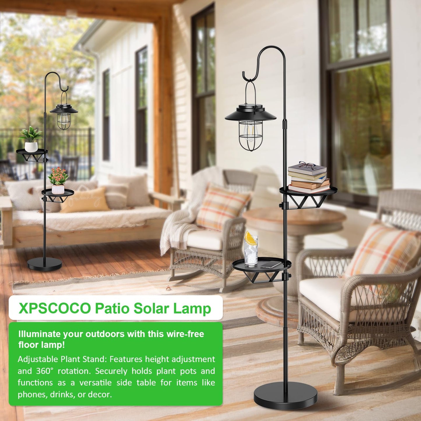 XPSCOCO 60" Solar Light with Plant Stands, Outdoor Floor Lamp, Waterproof Metal Hanging Solar Lantern for Patio Deck Porch Yard Garden Decor