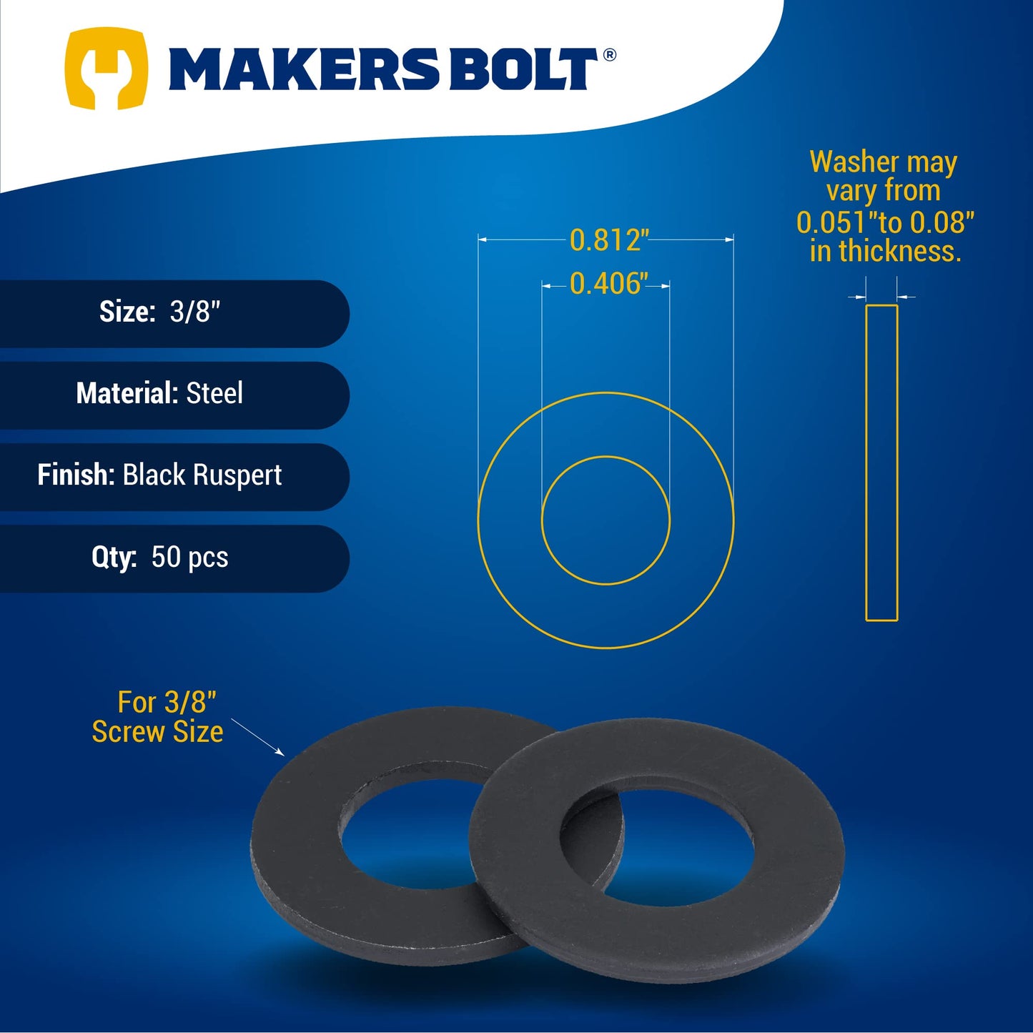 Black Washer Fits 3/8" Diameter Screw Size (50 pcs), 13/16" Outside Diameter, Steel with Weatherproof Black Ruspert Coating for Outdoor Use by Makers Bolt
