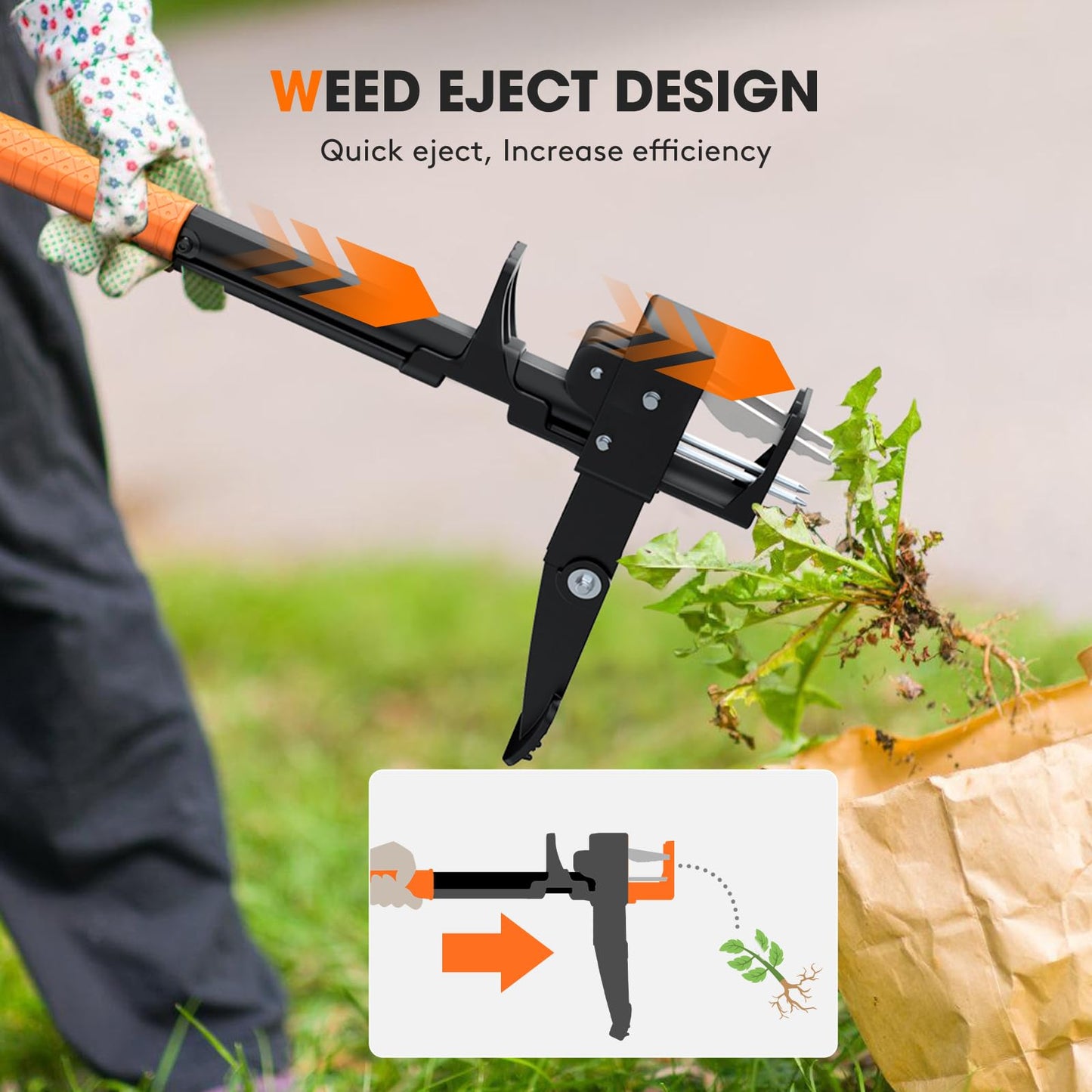 Tovve 4-Claw Weed Puller Tool, 42" Stand Up Gardening Hand Weeding Tool, Upgraded Iron Claw Garden Weeder with D-Handle, Root Weeder Tool with Weed-Eject Design - Standing up Mowing is Easier