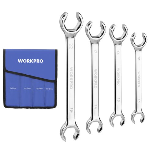 WORKPRO 4-Piece Flare Nut Wrench Set, Metric Brake Line Wrenches 10, 12, 13, 14, 15, 17, 19, 22mm, Cr-V Steel, 15° Offset Head Tubing Wrench, Organizer Pouch Included