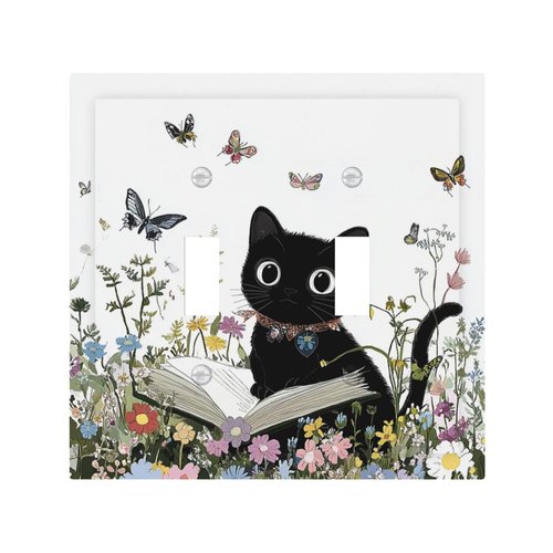 Donecmminery Decorative Switch Plates Cute Cat Wildflowers Boho Flowers Floral 2 Gang Double Toggle Outlet Light Switch Cover Wall Plate Electrical Faceplate For Nursery Kids Room Decor