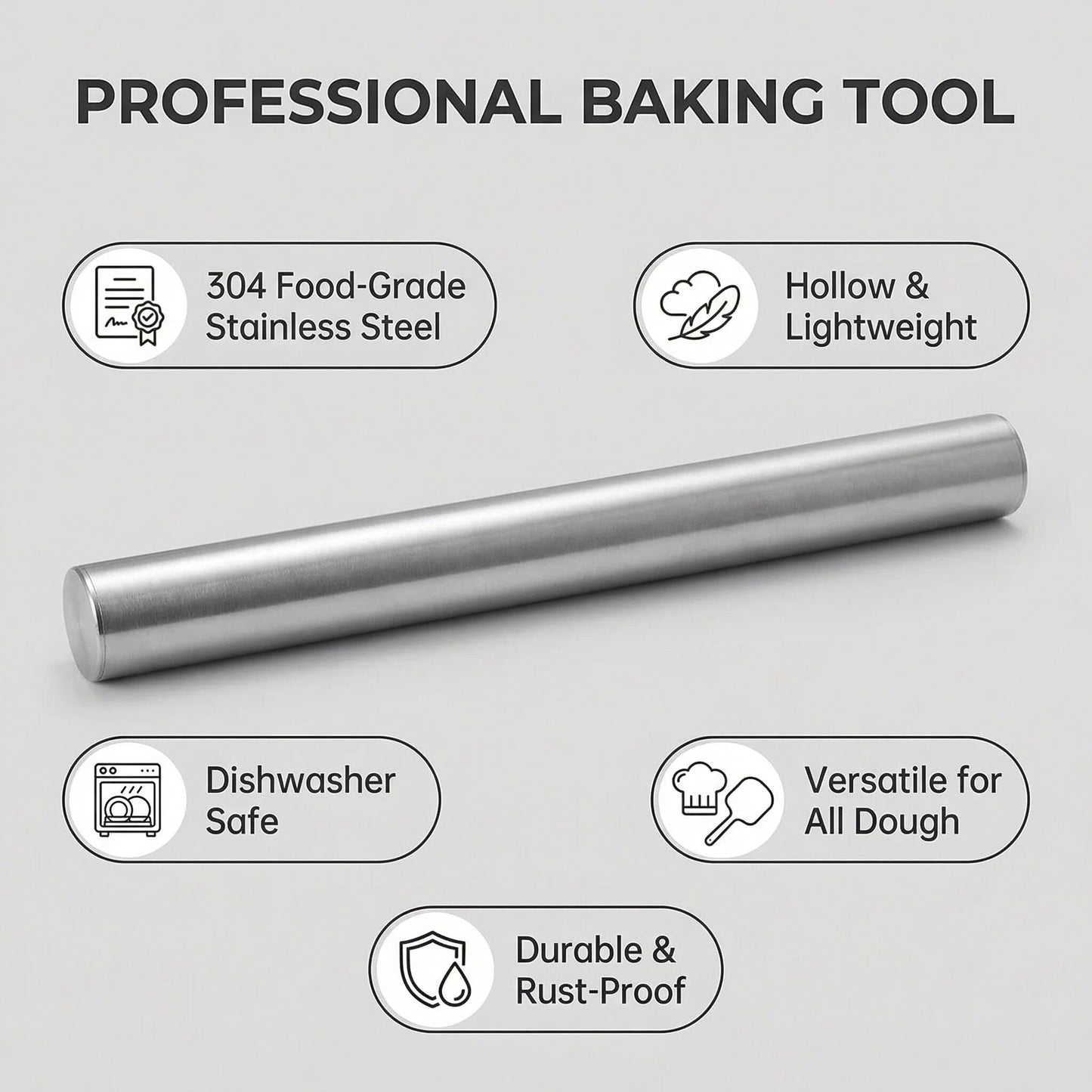 Stainless Steel Hollow Rolling Pin - Professional Metal Dough Roller for Baking Pizza, Pie, Cookies, Dumplings - Non-Stick & Dishwasher Safe