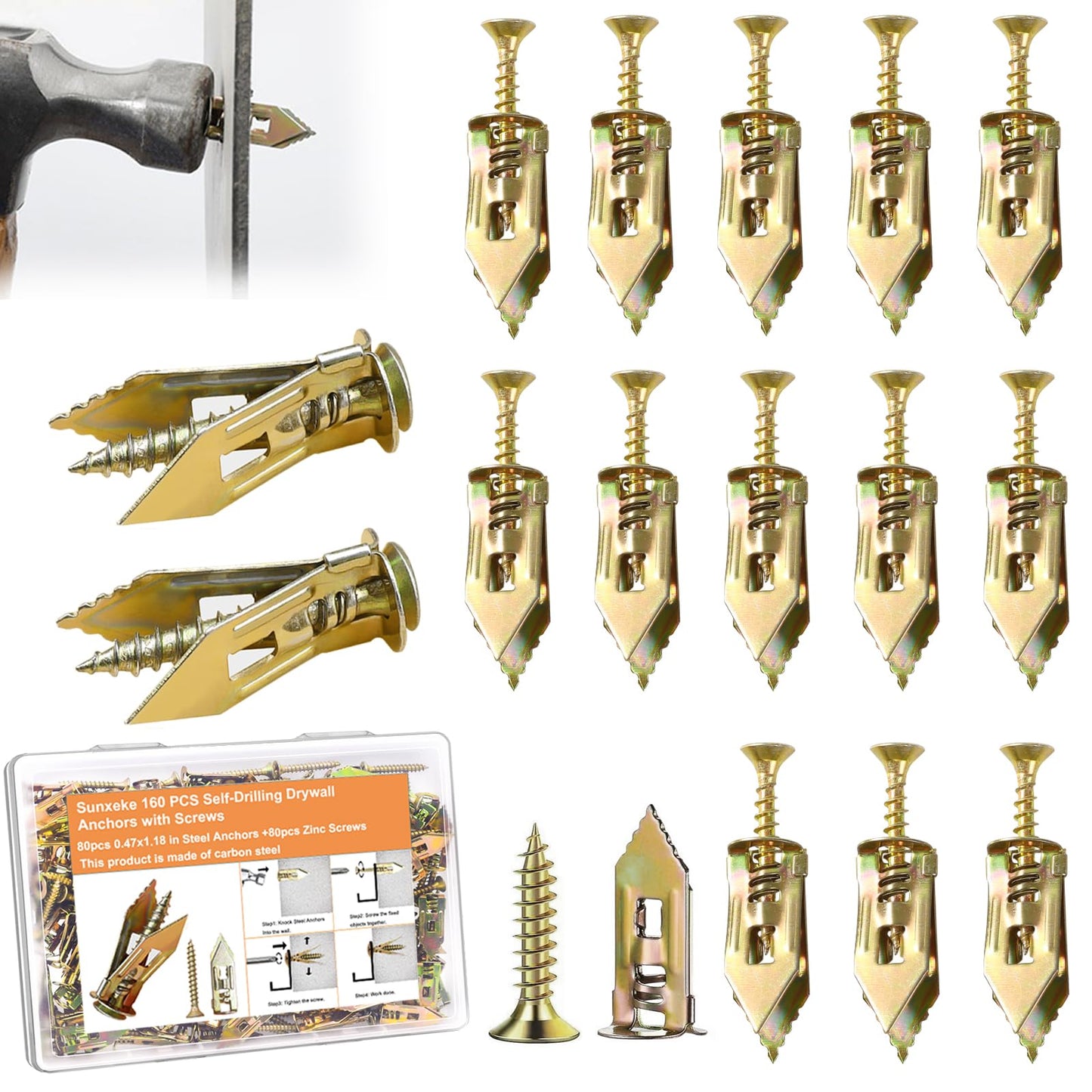 Sunxeke 160 Pcs Self Drilling Drywall Anchors with Screws,80 Sheetrock Anchors (0.47x1.18 Inch) & 80 Zinc Expansion Screws,2025 Upgraded Zinc Plated Steel,No Drill Needed,Hold 66LB for Wall Hanging