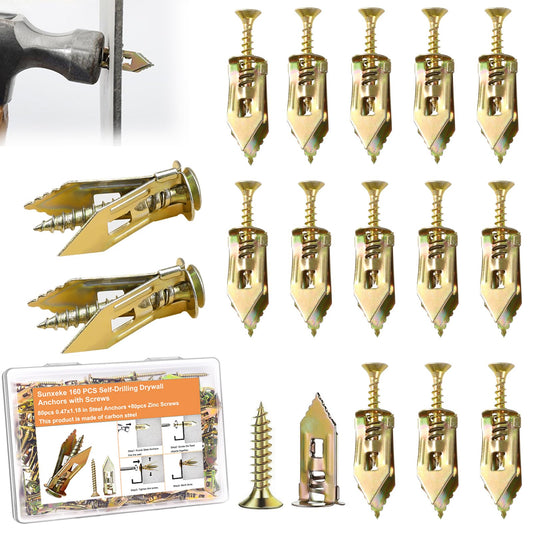 Sunxeke 160 Pcs Self Drilling Drywall Anchors with Screws,80 Sheetrock Anchors (0.47x1.18 Inch) & 80 Zinc Expansion Screws,2025 Upgraded Zinc Plated Steel,No Drill Needed,Hold 66LB for Wall Hanging