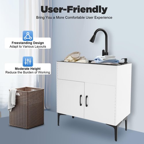 Knwigoe 30in Laundry Sink with Cabinet and Pull-Out Sprayer Faucet,Stainless Steel Utility Sink with Double Bowl, Soap Dispenser, Drain Basket Freestanding Kitchen Sink for Laundry Room, Garage White