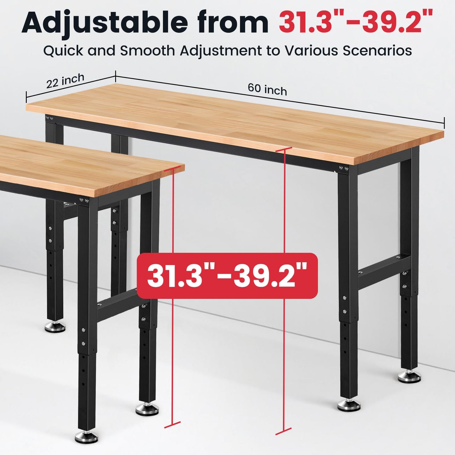 ENJOYWOOD Work Bench 60 Inch Work Table for Garage Heavy Duty Rubberwood Tabletop Workbench for Woodworking Shop Home Office Electronic Cutting Wood