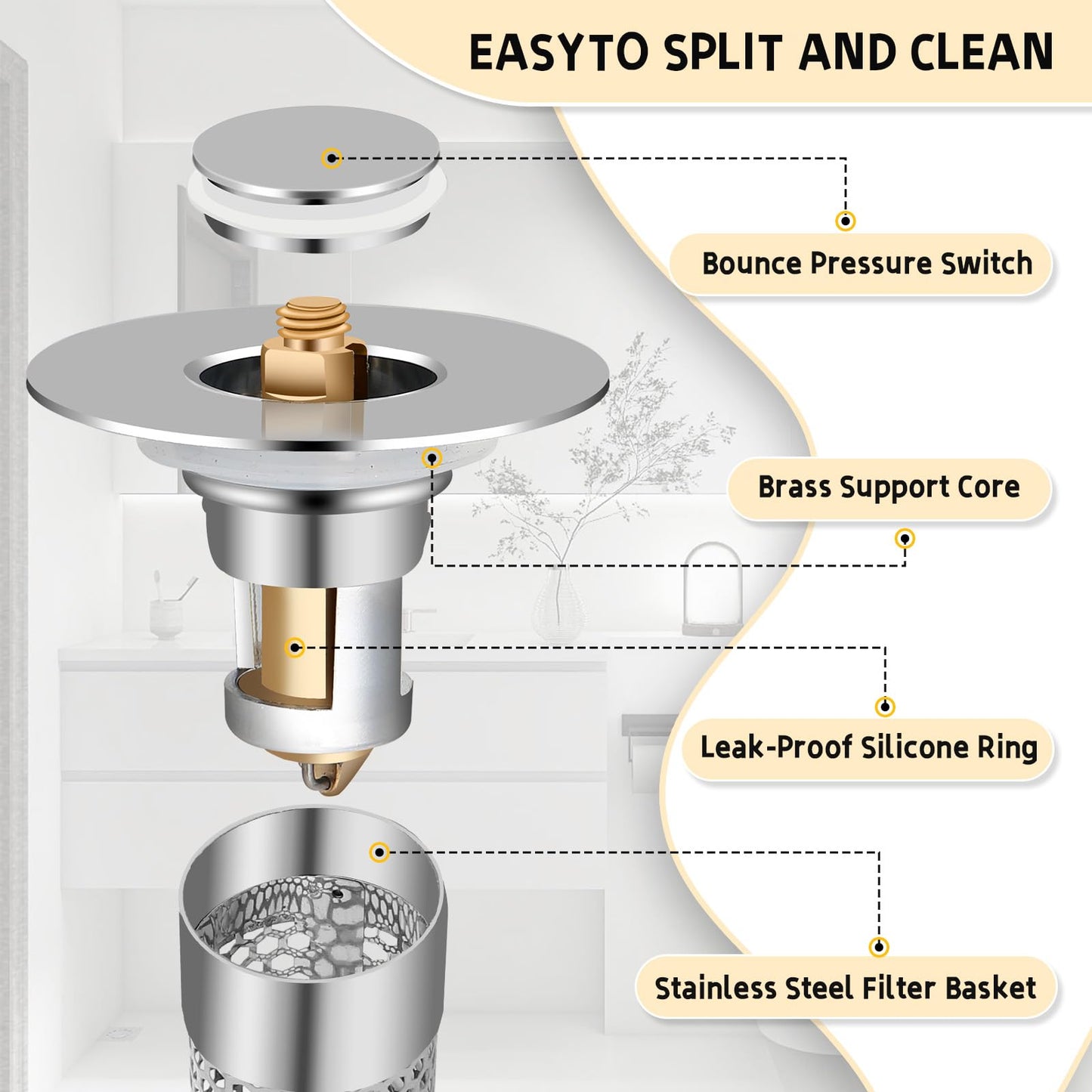 TONGDWOU 2Pack Bathroom Sink Stopper 1.06"-1.50", Universal Bathroom Sink Drain Pop Up Stopper for US Bathroom Sink Stainless Steel Floor Drain Filter, U.S. Standard Universal Drain Filter (Silver)