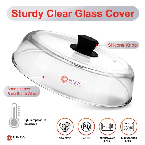 Glass Microwave splatter cover for food plate - Sturdy Borosilicate glass splatter guard with vent hole - 100% Food Safe BPA free Easy Grip Silicone Knob and Dishwasher safe - 10.5in